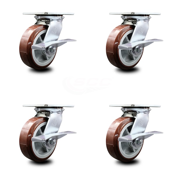 6 Inch Heavy Duty Polyurethane Caster Set with Ball Bearings and Brakes SCC